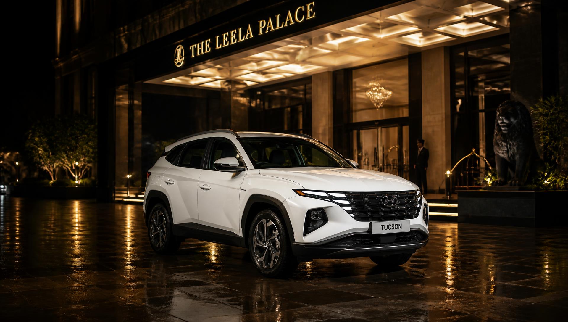 Hyundai Tucson blanche DCH Driver devant un hôtel de luxe la nuit